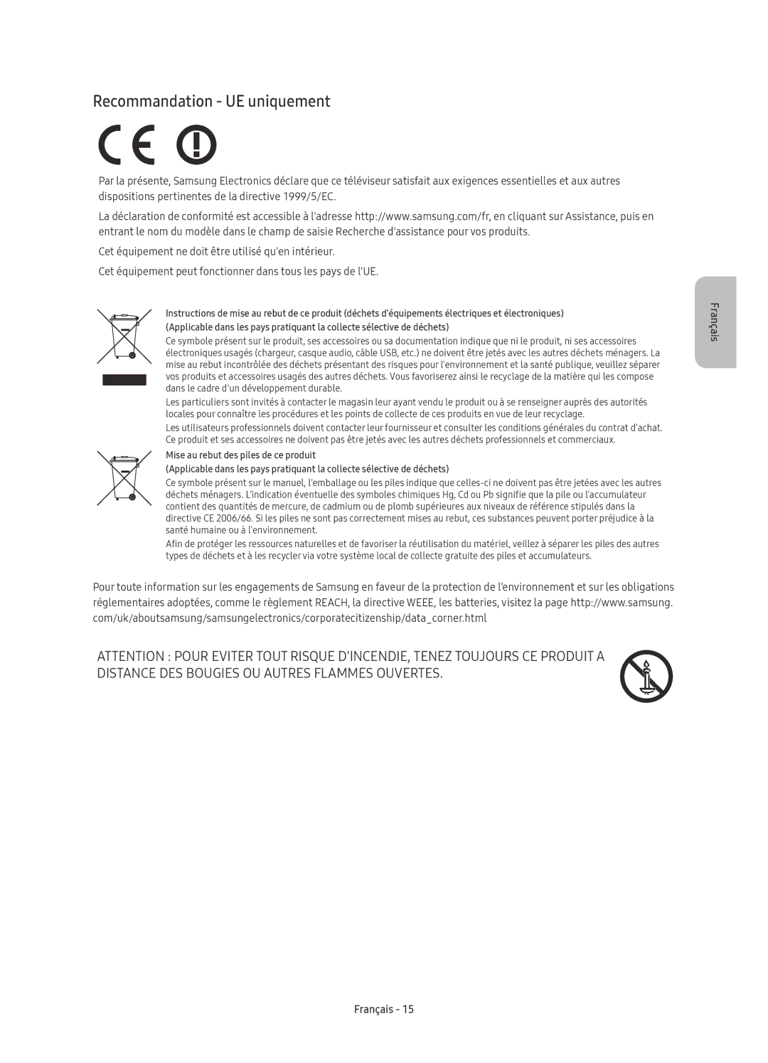 Samsung UE60KU6070UXZG, UE55KU6079UXZG, UE43KU6079UXZG, UE40KU6079UXZG, UE50KU6099UXZG manual Recommandation UE uniquement 