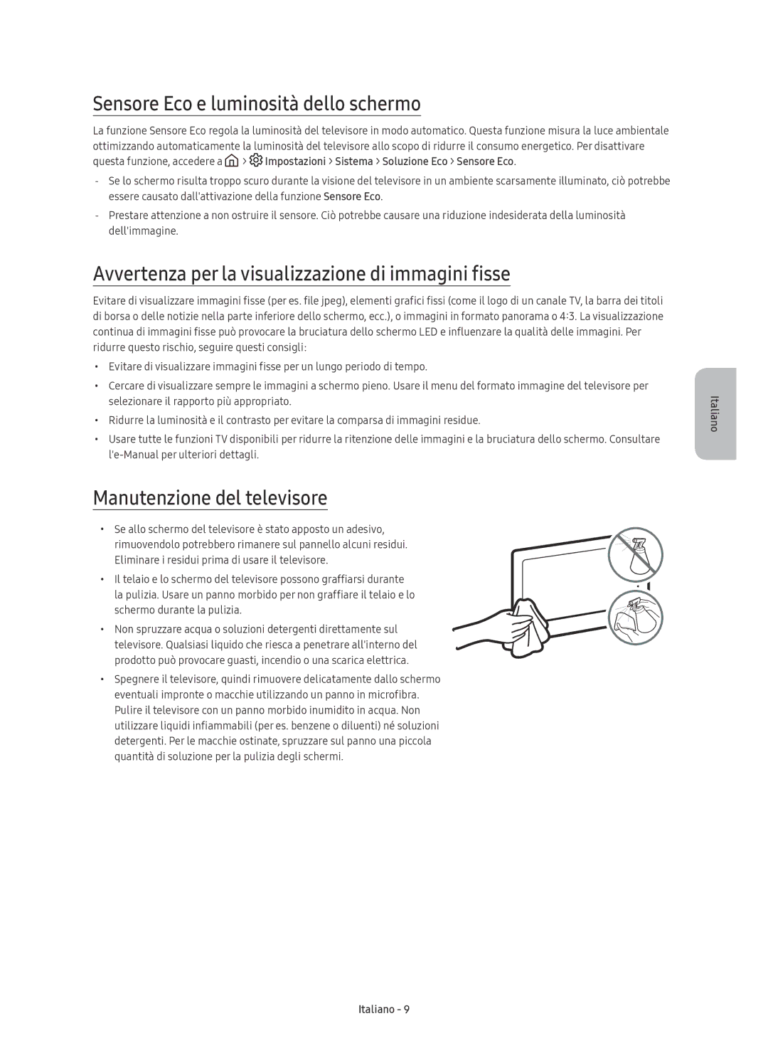 Samsung UE65KU6099UXZG manual Sensore Eco e luminosità dello schermo, Avvertenza per la visualizzazione di immagini fisse 