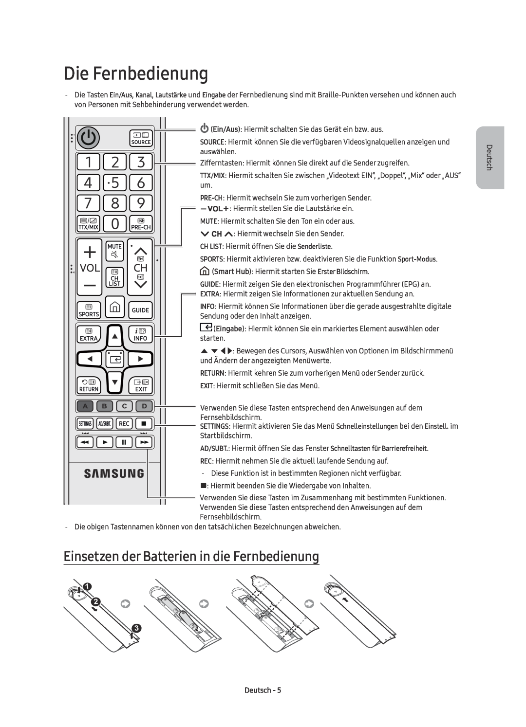 Samsung UE70KU6070UXZG, UE55KU6079UXZG manual Die Fernbedienung, Einsetzen der Batterien in die Fernbedienung, Deutsch 
