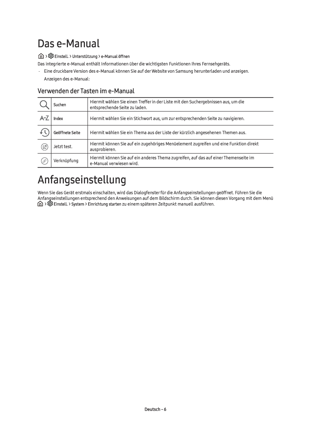 Samsung UE60KU6070UXZG, UE55KU6079UXZG manual Das e-Manual, Anfangseinstellung, Verwenden der Tasten im e-Manual, Deutsch 