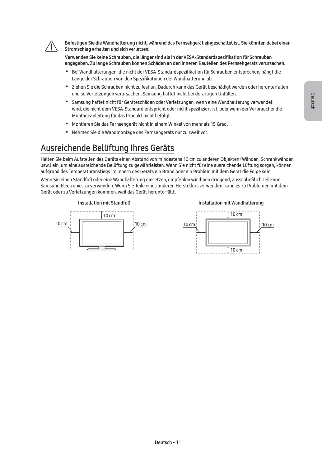 Samsung UE40KU6079UXZG, UE55KU6079UXZG manual Ausreichende Belüftung Ihres Geräts, Installation mit Standfuß, Deutsch 