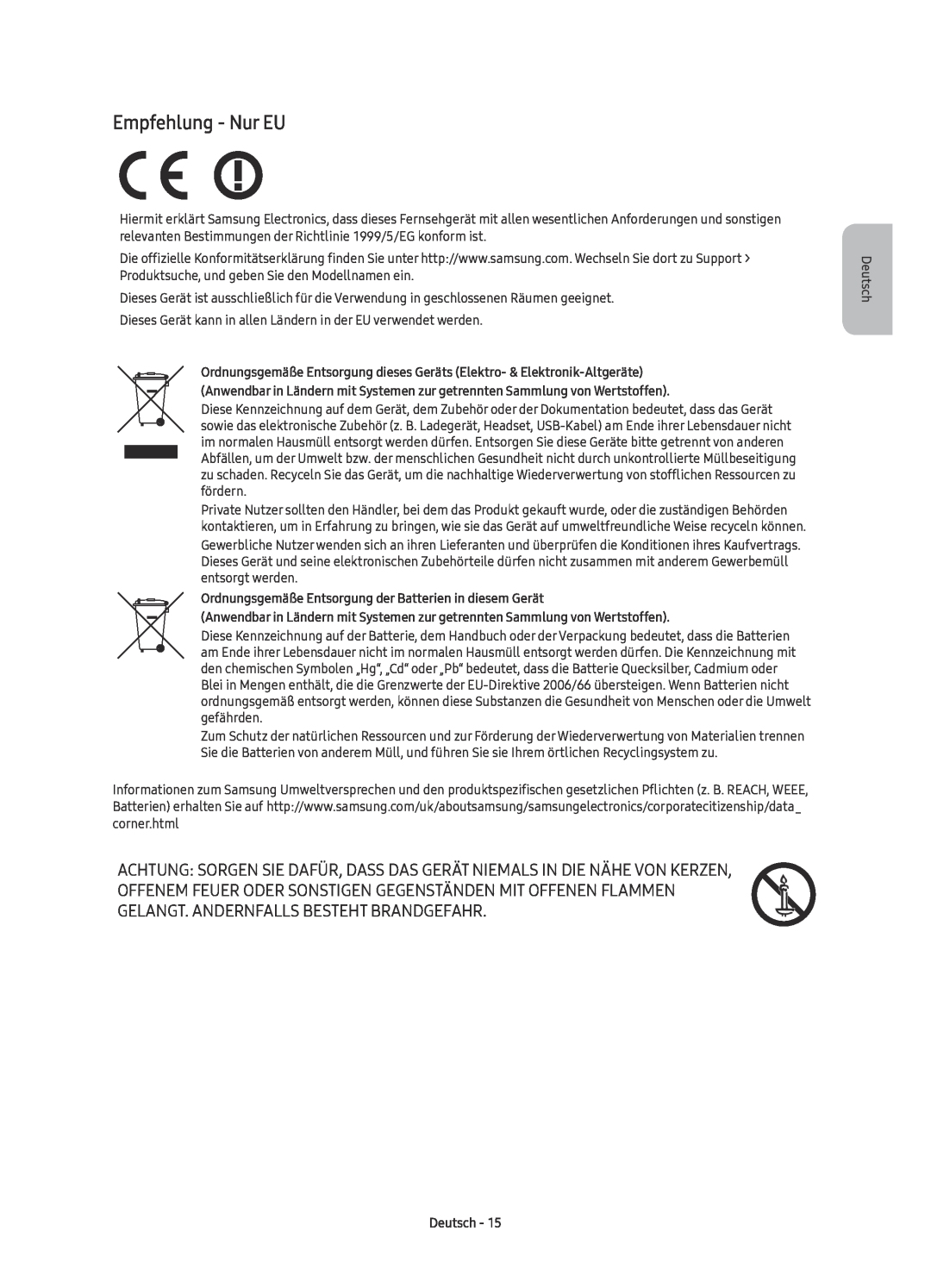 Samsung UE70KU6079UXZG manual Empfehlung - Nur EU, Ordnungsgemäße Entsorgung der Batterien in diesem Gerät, Deutsch 