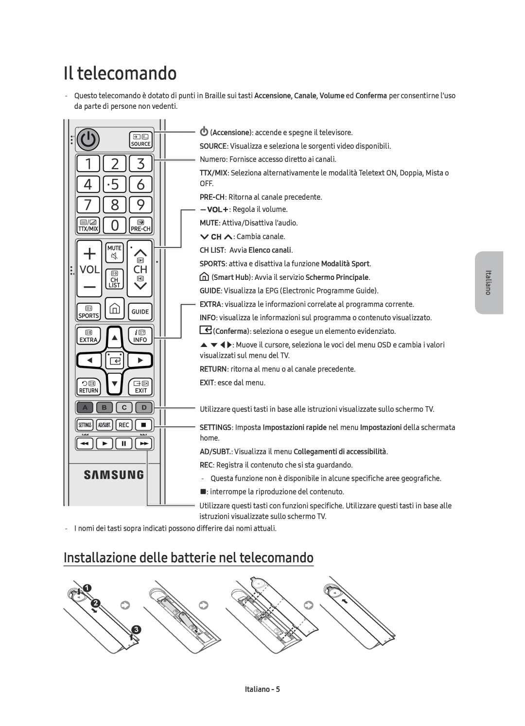 Samsung UE43KU6079UXZG Il telecomando, Installazione delle batterie nel telecomando, CH LIST Avvia Elenco canali, Italiano 