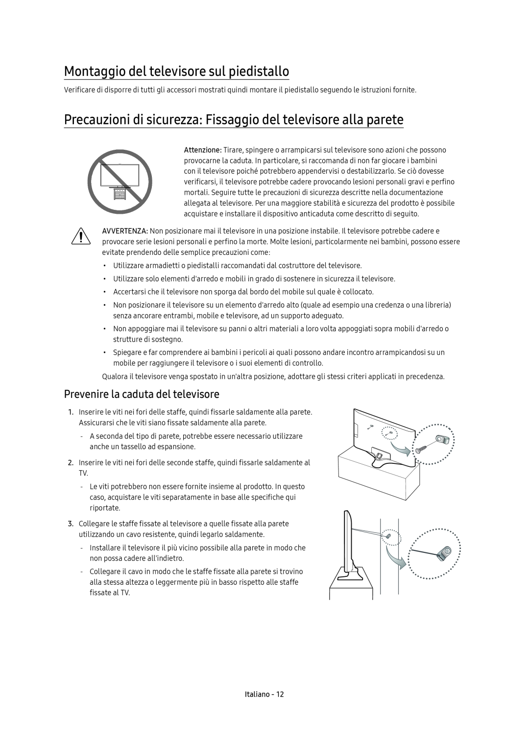 Samsung UE65KU6079UXZG manual Montaggio del televisore sul piedistallo, Prevenire la caduta del televisore, Italiano 