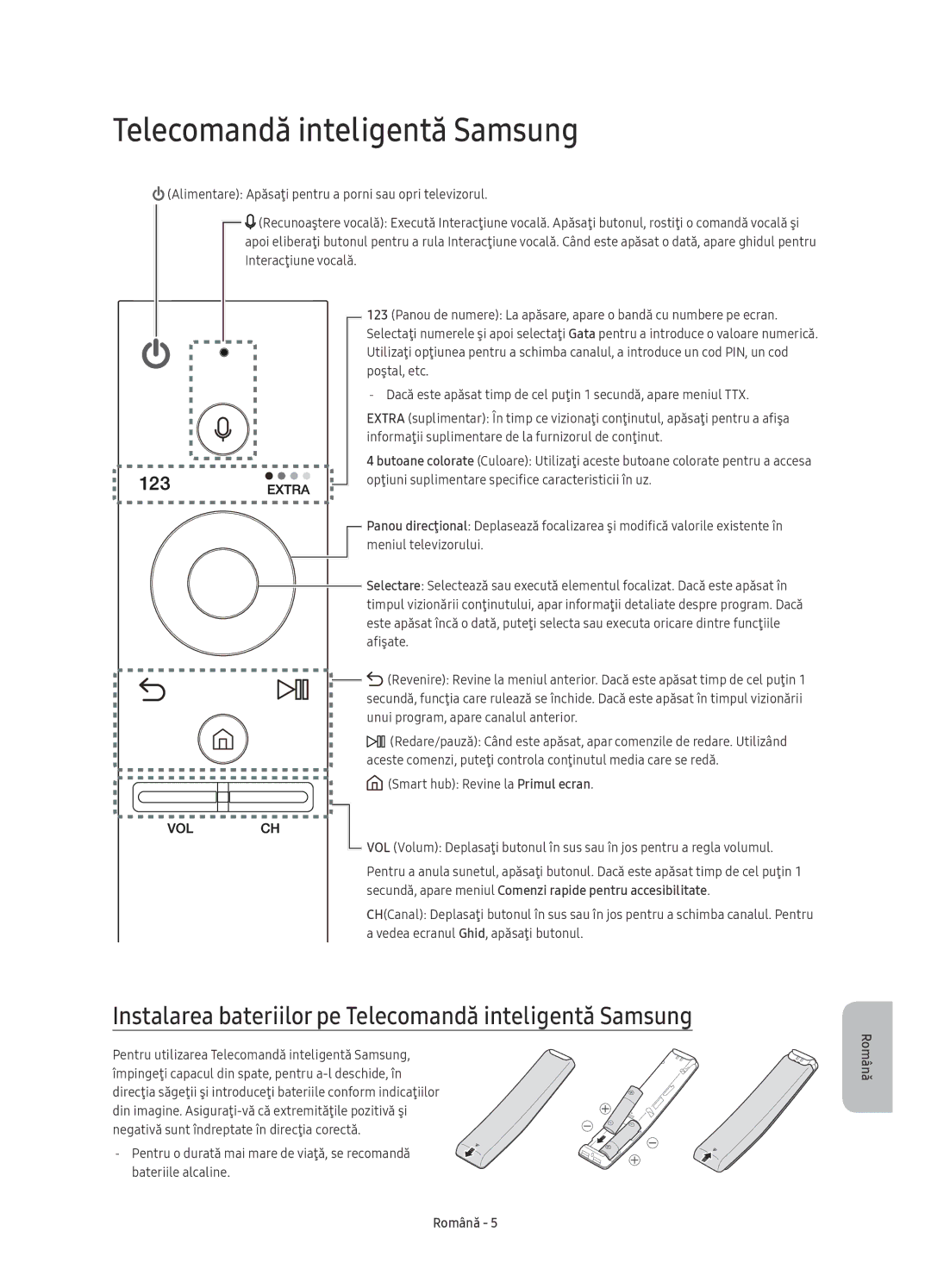 Samsung UE49KU6450SXXH, UE55KU6450SXXH, UE49KU6470SXXH manual Instalarea bateriilor pe Telecomandă inteligentă Samsung 