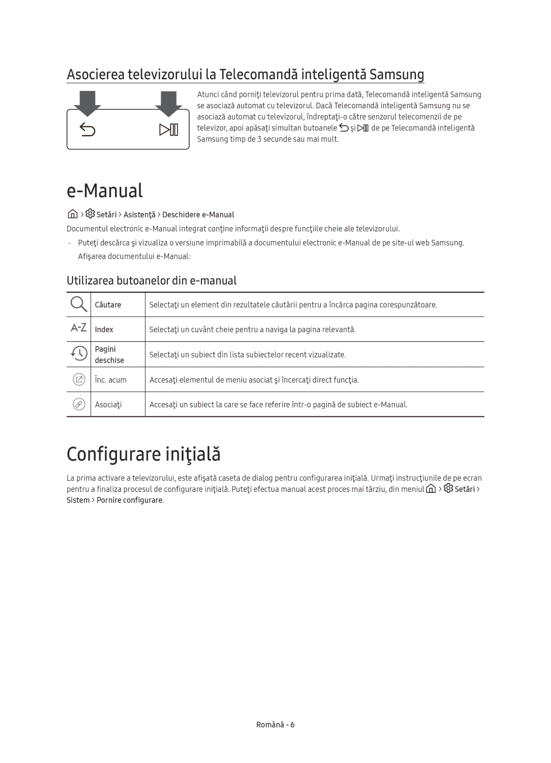 Samsung UE55KU6452UXXH manual Manual, Configurare iniţială, Asocierea televizorului la Telecomandă inteligentă Samsung 