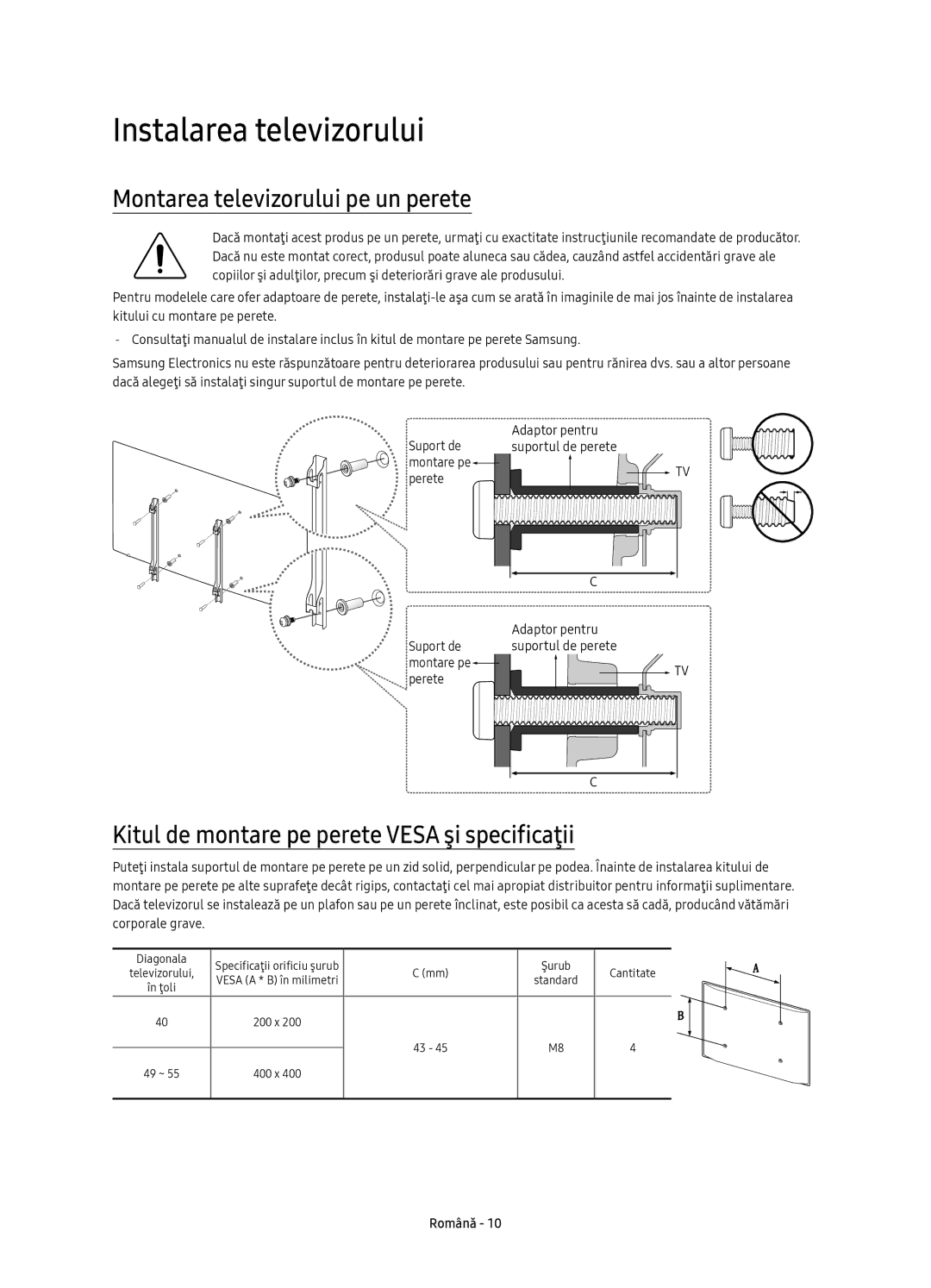 Samsung UE40KU6452UXXH, UE55KU6450SXXH, UE49KU6470SXXH manual Instalarea televizorului, Montarea televizorului pe un perete 