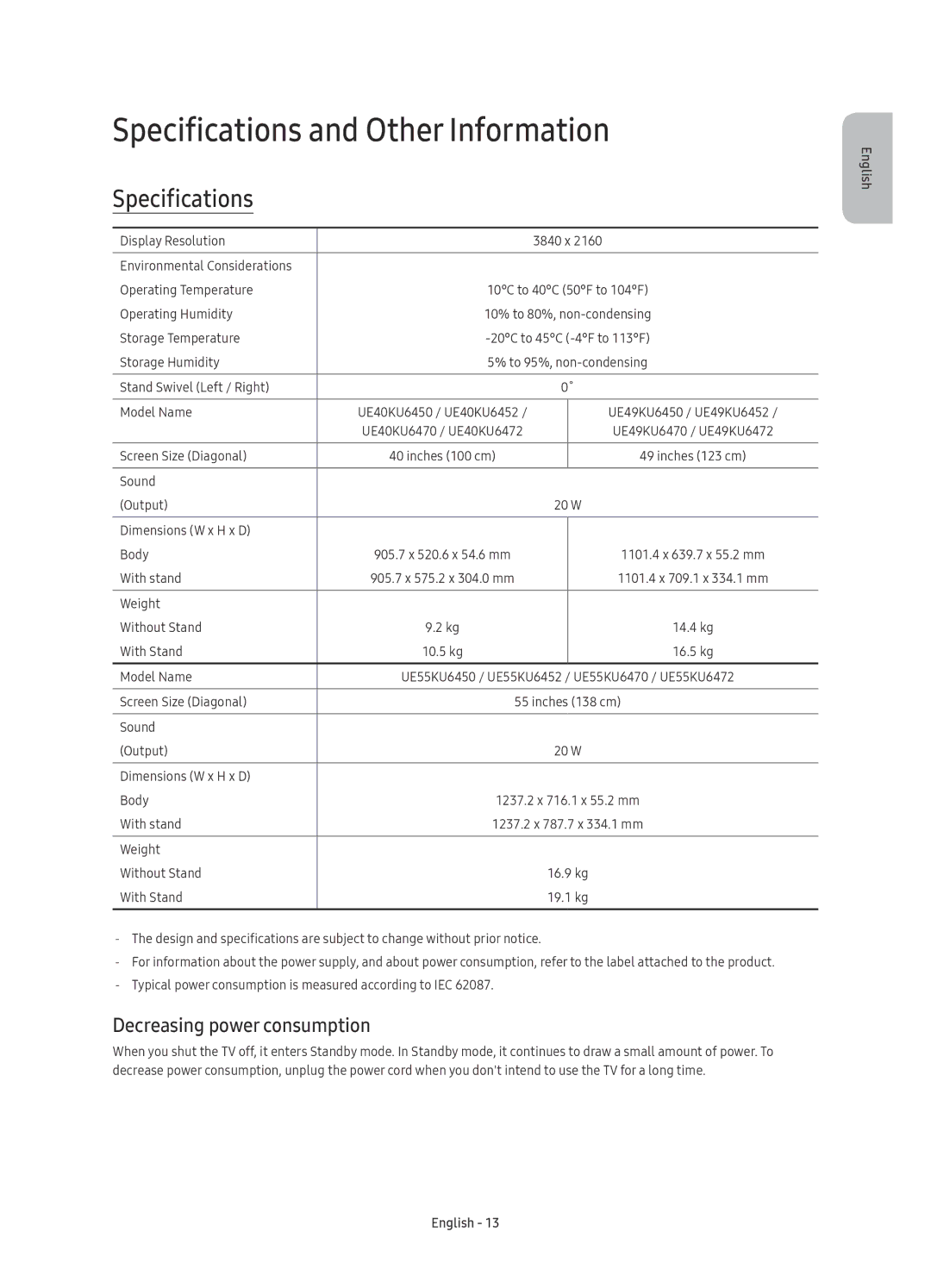 Samsung UE40KU6472UXXH, UE55KU6450SXXH, UE49KU6470SXXH Specifications and Other Information, Decreasing power consumption 