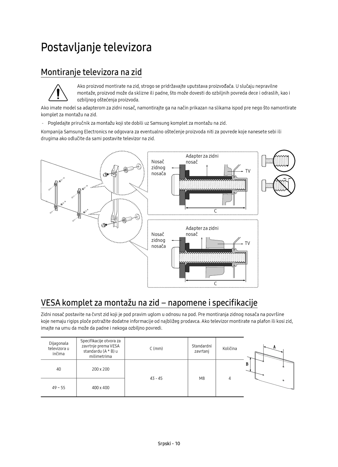 Samsung UE55KU6452UXXH manual Montiranje televizora na zid, Vesa komplet za montažu na zid napomene i specifikacije 