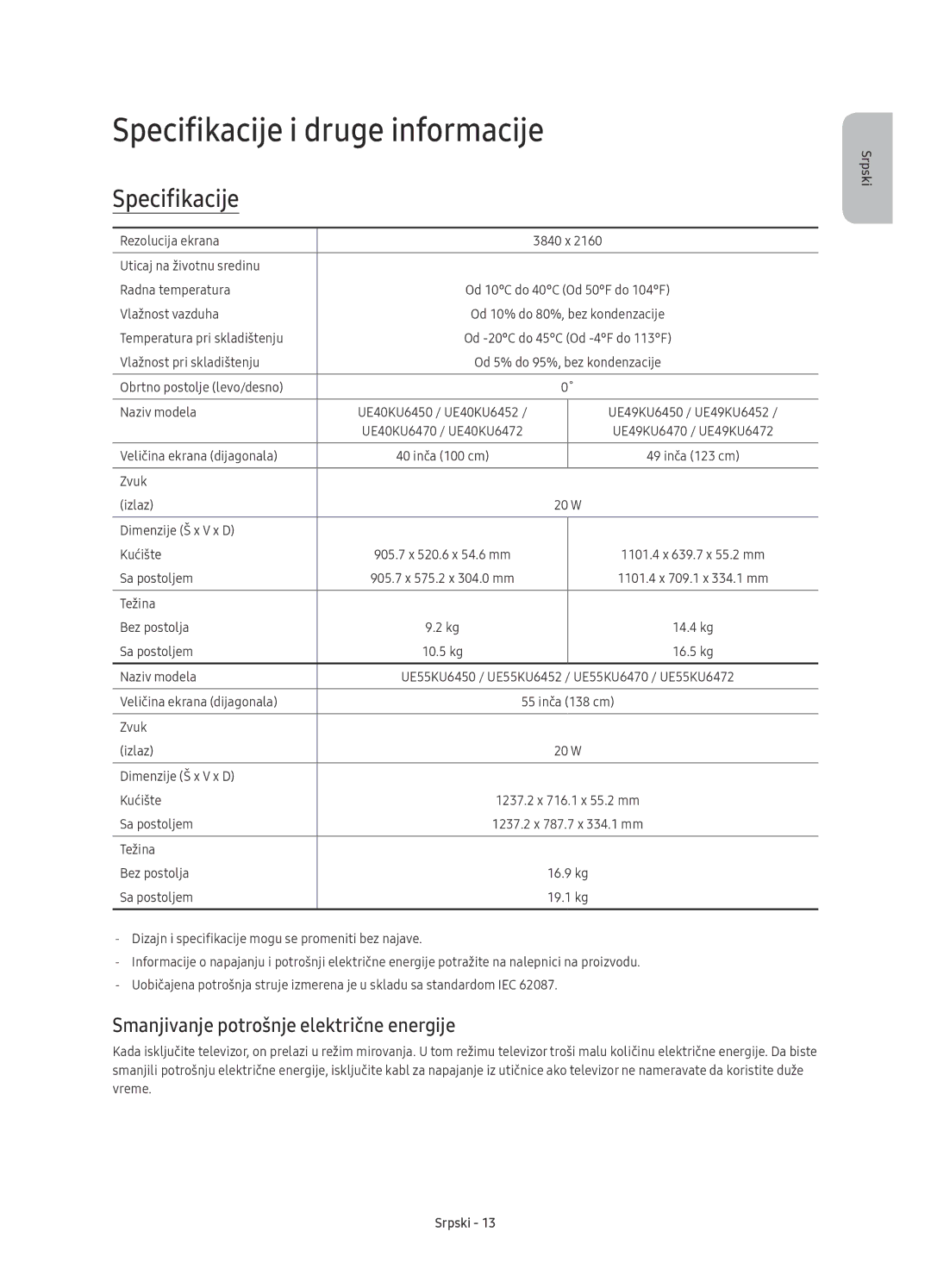 Samsung UE40KU6472UXXH, UE55KU6450SXXH manual Specifikacije i druge informacije, Smanjivanje potrošnje električne energije 