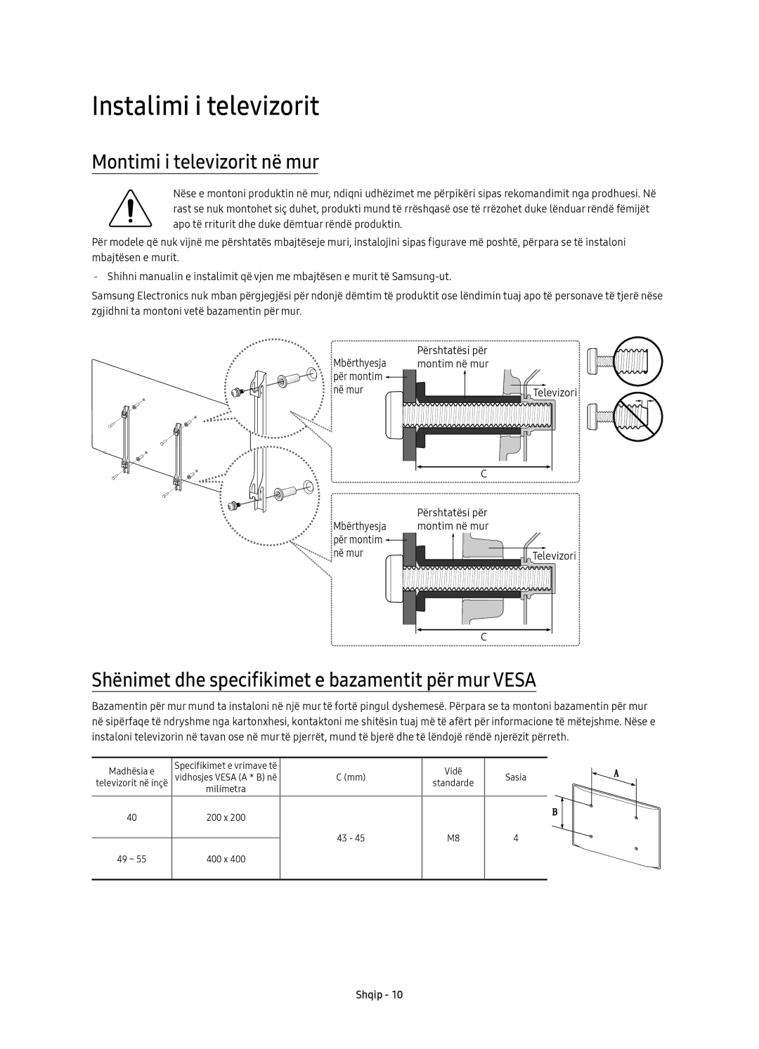 Samsung UE40KU6450SXXH, UE55KU6450SXXH, UE49KU6470SXXH, UE55KU6470SXXH Instalimi i televizorit, Montimi i televizorit në mur 