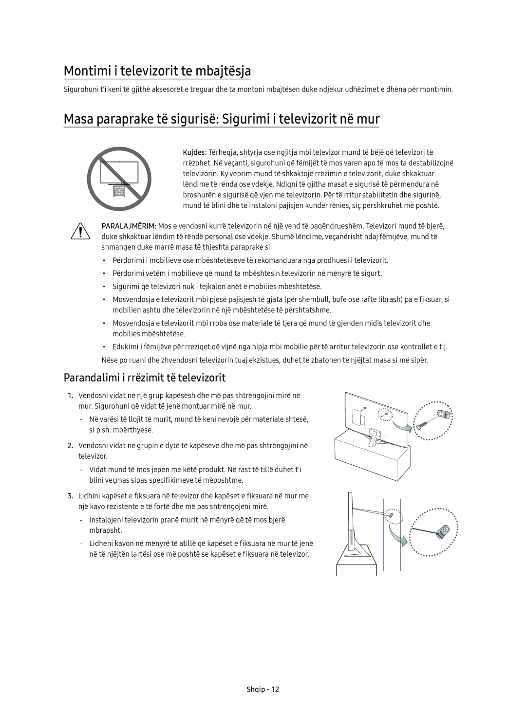 Samsung UE40KU6470SXXN manual Montimi i televizorit te mbajtësja, Masa paraprake të sigurisë Sigurimi i televizorit në mur 