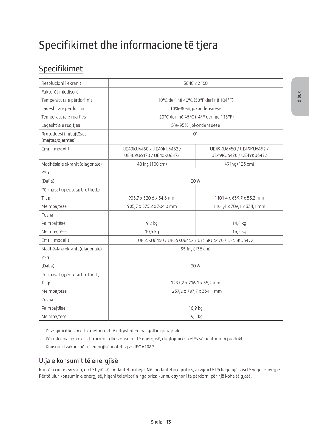 Samsung UE49KU6450SXXH, UE55KU6450SXXH, UE49KU6470SXXH Specifikimet dhe informacione të tjera, Ulja e konsumit të energjisë 