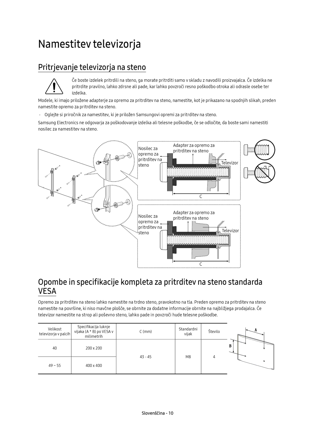 Samsung UE40KU6470SXXH, UE55KU6450SXXH, UE49KU6470SXXH manual Namestitev televizorja, Pritrjevanje televizorja na steno 