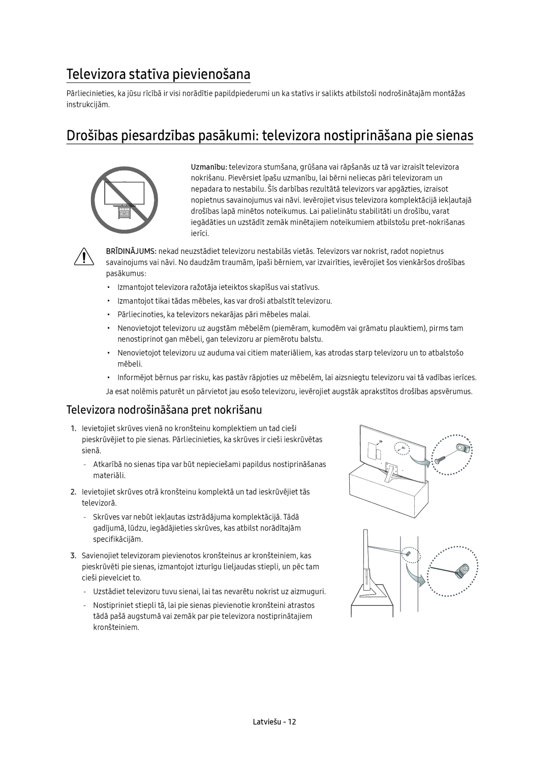 Samsung UE40KU6452UXXH, UE55KU6450SXXH manual Televizora statīva pievienošana, Televizora nodrošināšana pret nokrišanu 