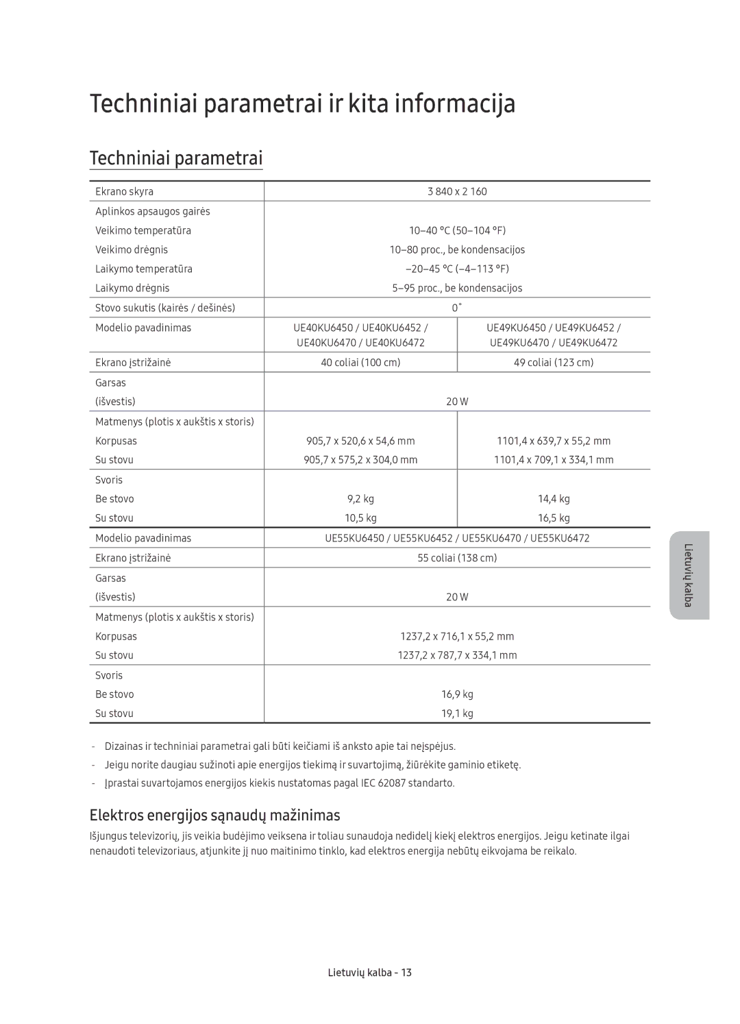 Samsung UE49KU6472UXXH, UE55KU6450SXXH Techniniai parametrai ir kita informacija, Elektros energijos sąnaudų mažinimas 