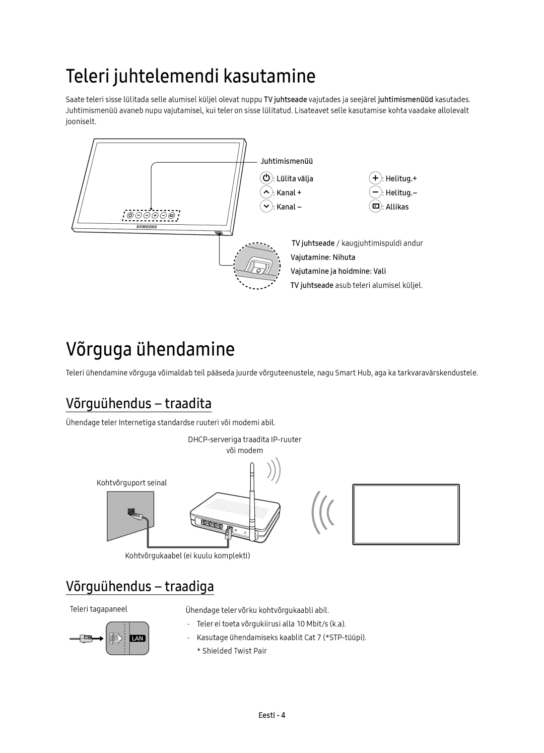 Samsung UE40KU6470SXXH Teleri juhtelemendi kasutamine, Võrguga ühendamine, Võrguühendus traadita, Võrguühendus traadiga 