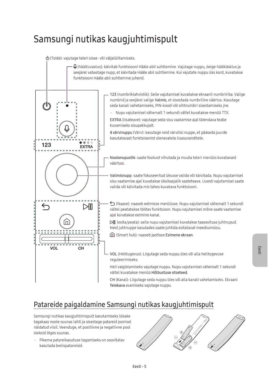 Samsung UE55KU6450SXXN, UE55KU6450SXXH, UE49KU6470SXXH manual Patareide paigaldamine Samsungi nutikas kaugjuhtimispult 