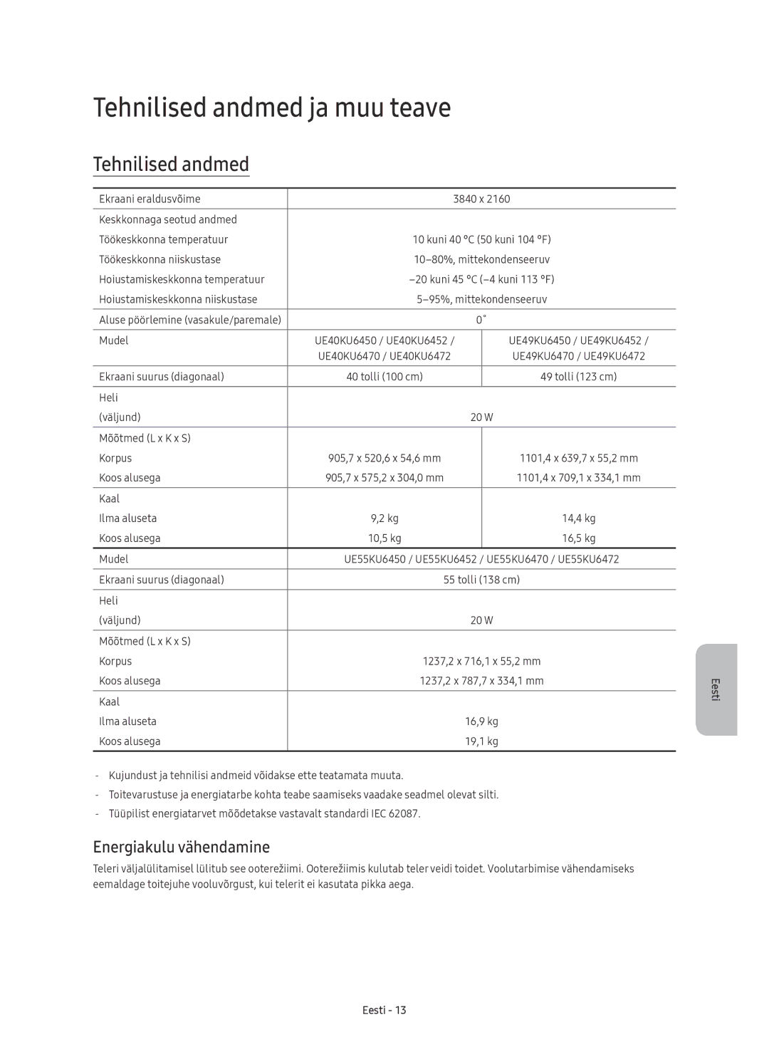 Samsung UE49KU6450SXXN, UE55KU6450SXXH, UE49KU6470SXXH manual Tehnilised andmed ja muu teave, Energiakulu vähendamine 