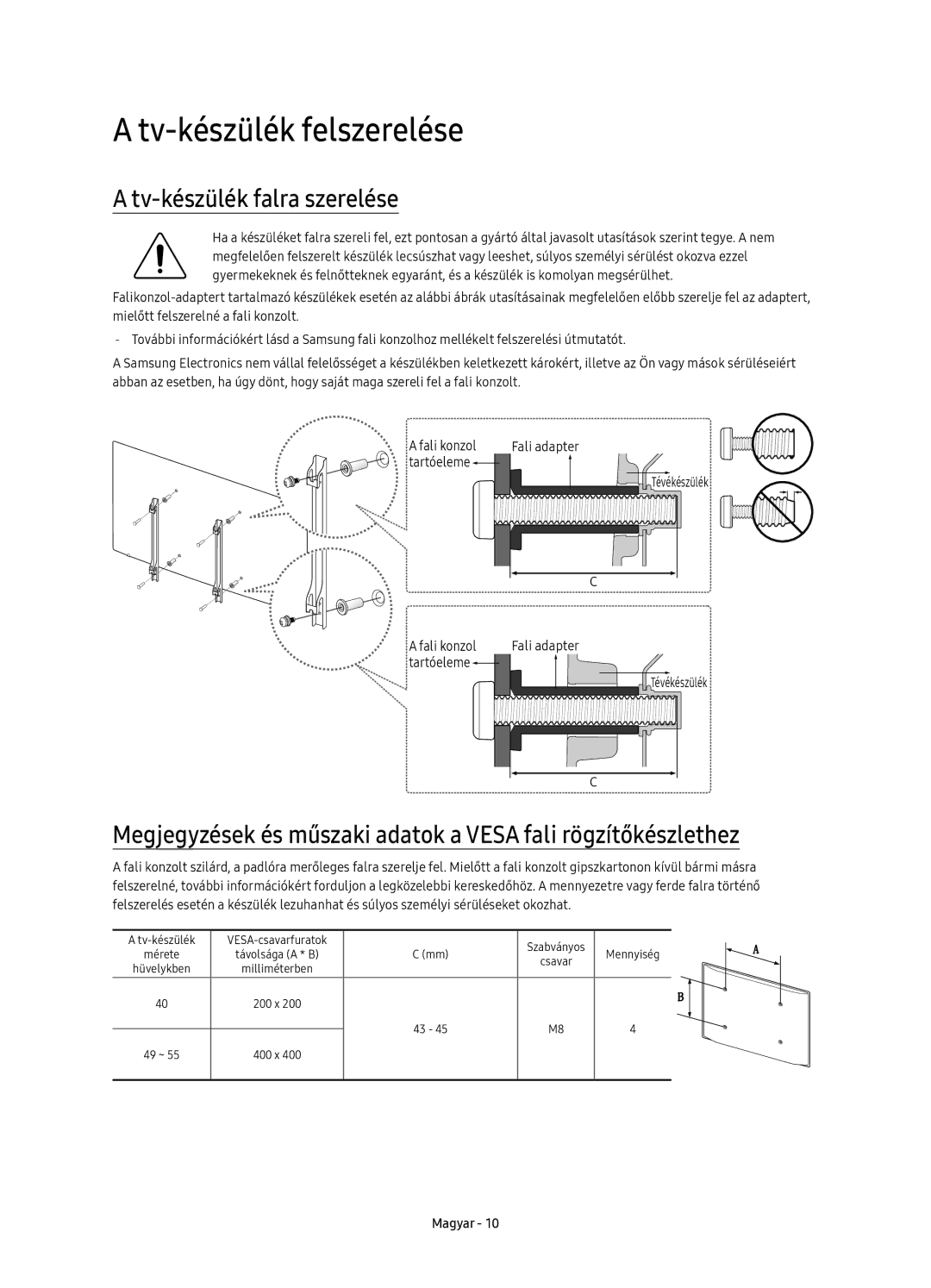 Samsung UE40KU6450SXXH manual Tv-készülék felszerelése, Tv-készülék falra szerelése, Fali konzol Fali adapter Tartóeleme 