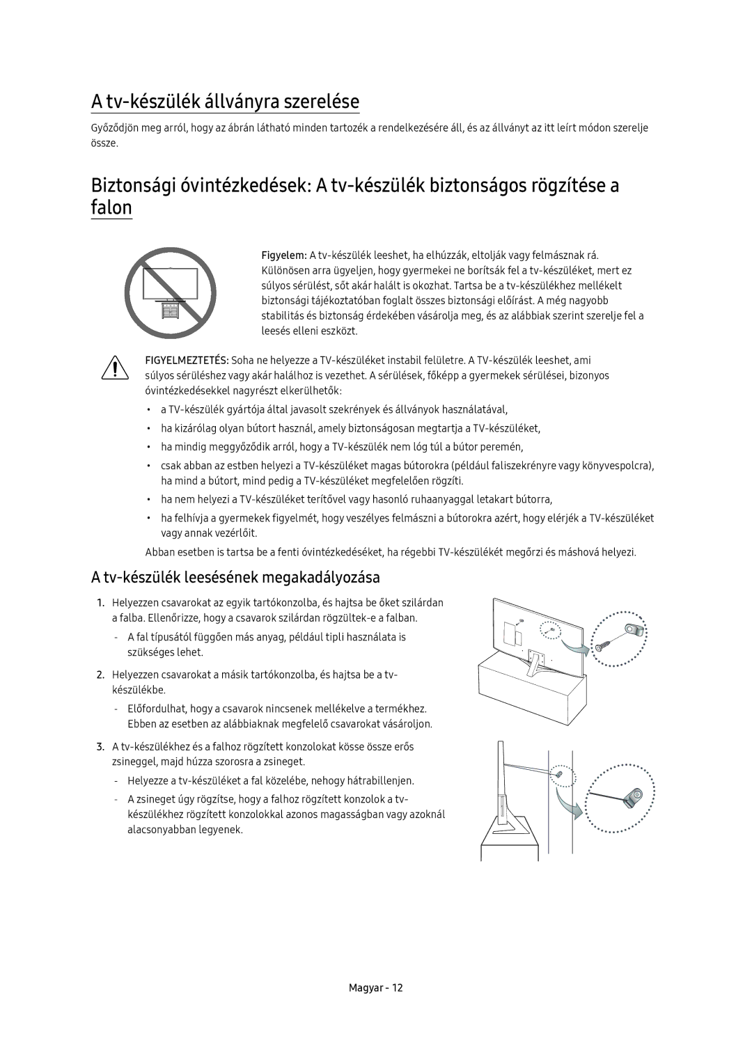 Samsung UE40KU6470SXXN, UE55KU6450SXXH manual Tv-készülék állványra szerelése, Tv-készülék leesésének megakadályozása 