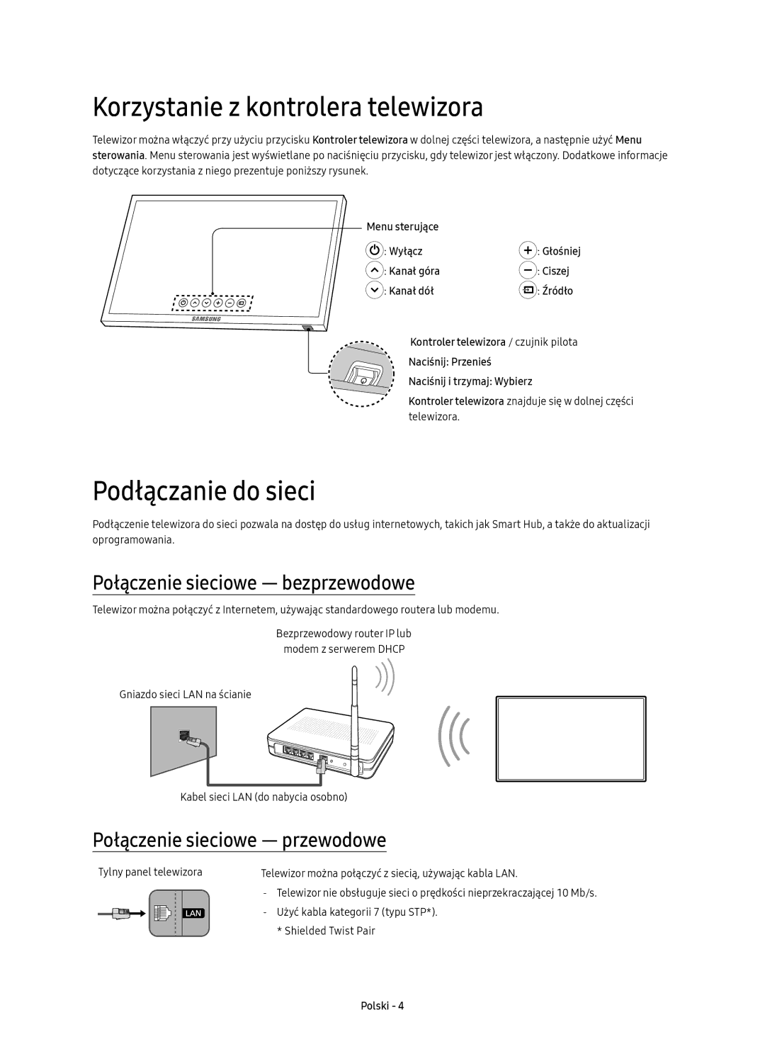 Samsung UE40KU6452UXXH manual Korzystanie z kontrolera telewizora, Podłączanie do sieci, Połączenie sieciowe bezprzewodowe 