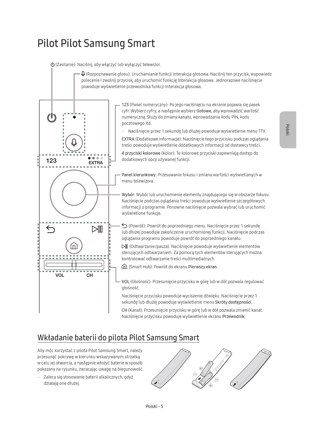 Samsung UE49KU6452UXXH, UE55KU6450SXXH manual Pilot Pilot Samsung Smart, Wkładanie baterii do pilota Pilot Samsung Smart 