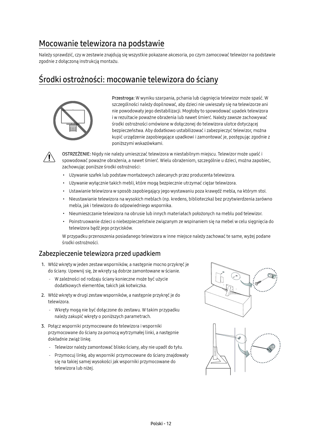 Samsung UE55KU6470SXXN manual Mocowanie telewizora na podstawie, Środki ostrożności mocowanie telewizora do ściany 