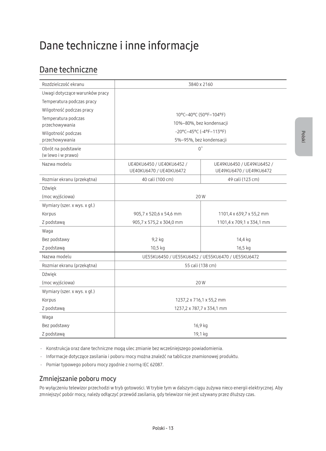 Samsung UE40KU6450SXXN, UE55KU6450SXXH, UE49KU6470SXXH manual Dane techniczne i inne informacje, Zmniejszanie poboru mocy 