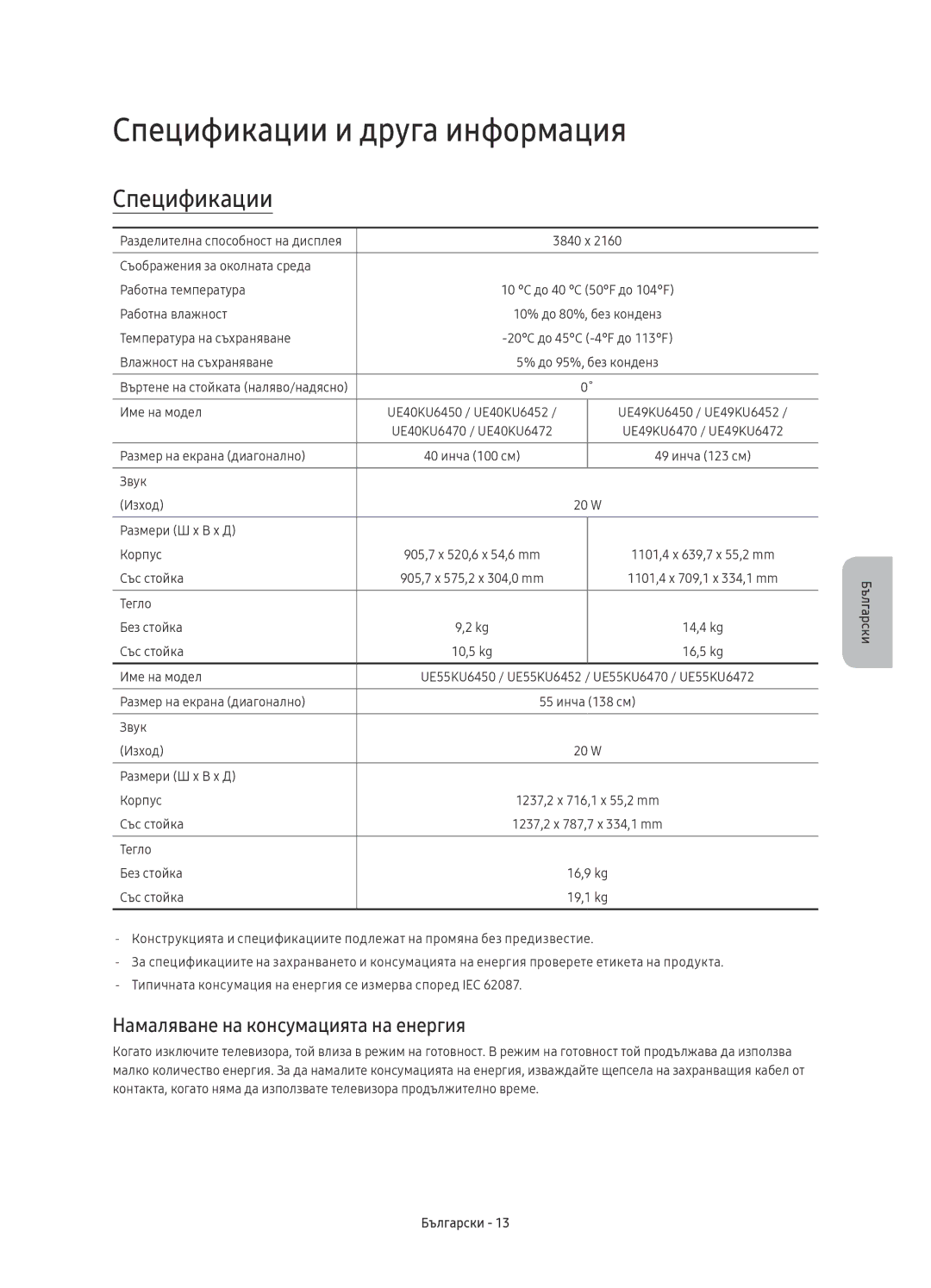 Samsung UE49KU6452UXXH, UE55KU6450SXXH manual Спецификации и друга информация, Намаляване на консумацията на енергия 