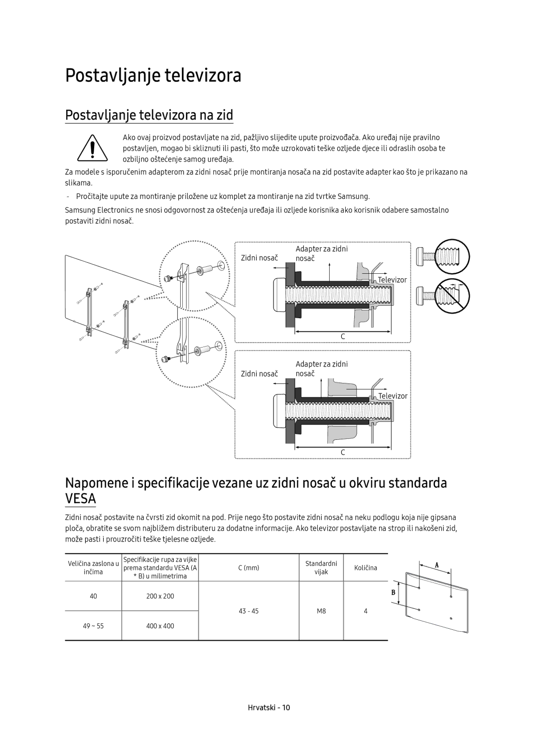 Samsung UE40KU6470SXXN manual Postavljanje televizora na zid, Televizor Adapter za zidni Zidni nosač Nosač 