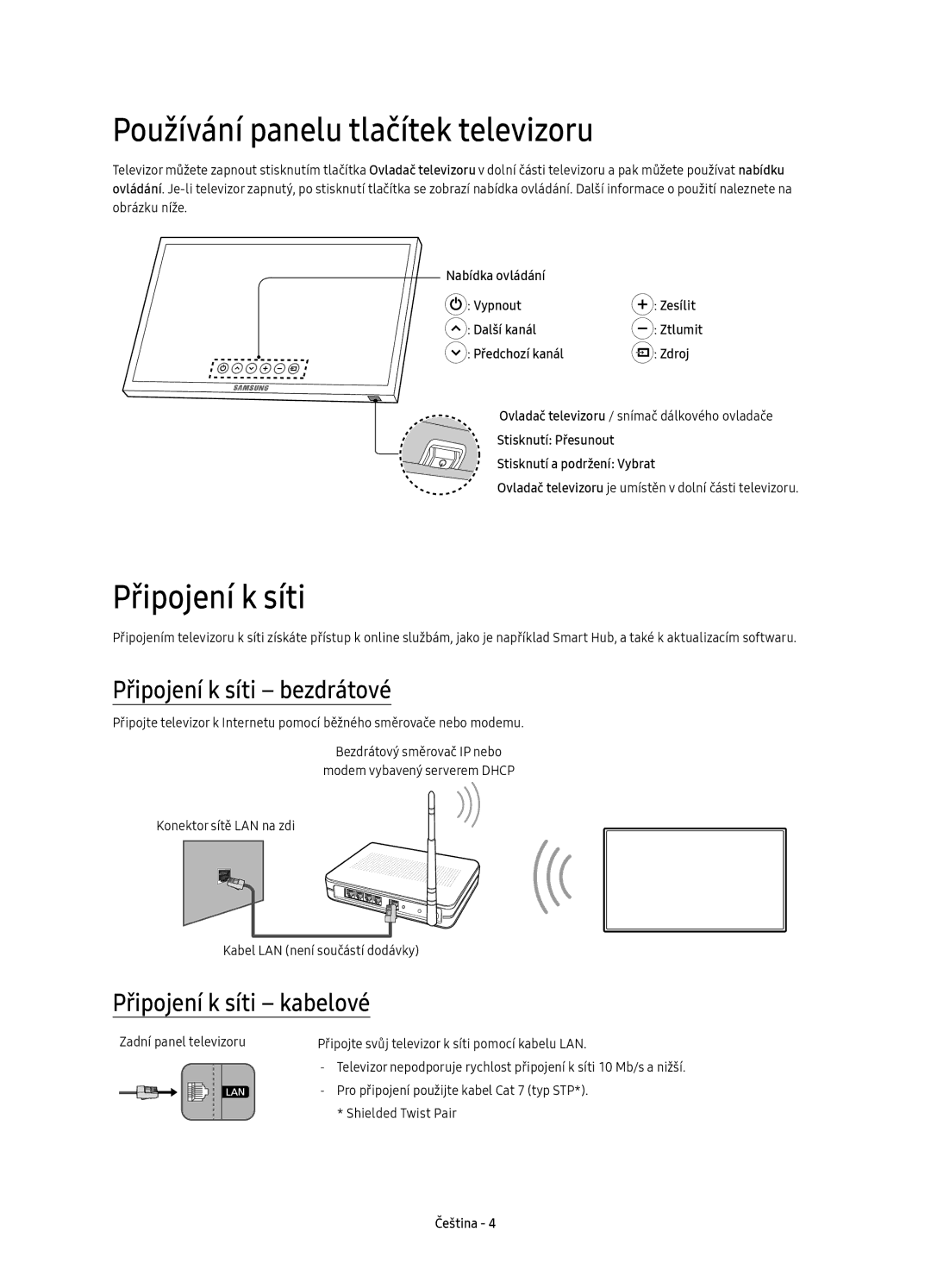 Samsung UE40KU6470SXXH Používání panelu tlačítek televizoru, Připojení k síti bezdrátové, Připojení k síti kabelové 