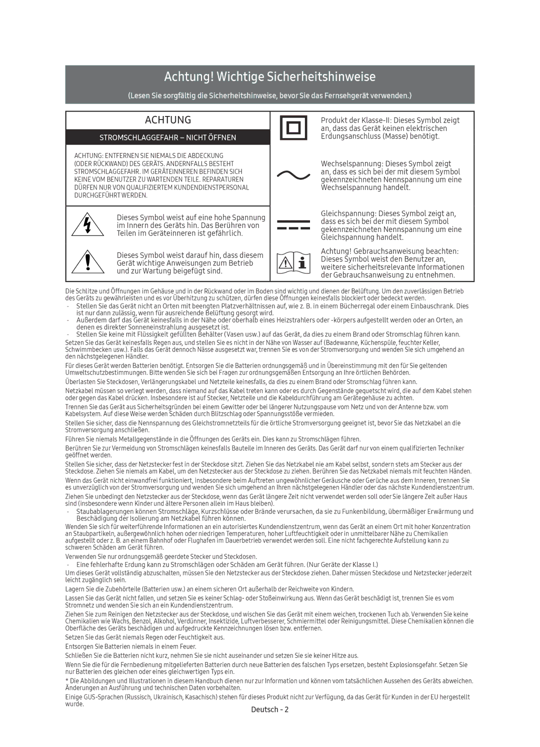 Samsung UE49KU6450UXZT, UE55KU6479UXZG, UE55KU6459UXZG, UE40KU6479UXZG, UE49KU6459UXZG Achtung! Wichtige Sicherheitshinweise 