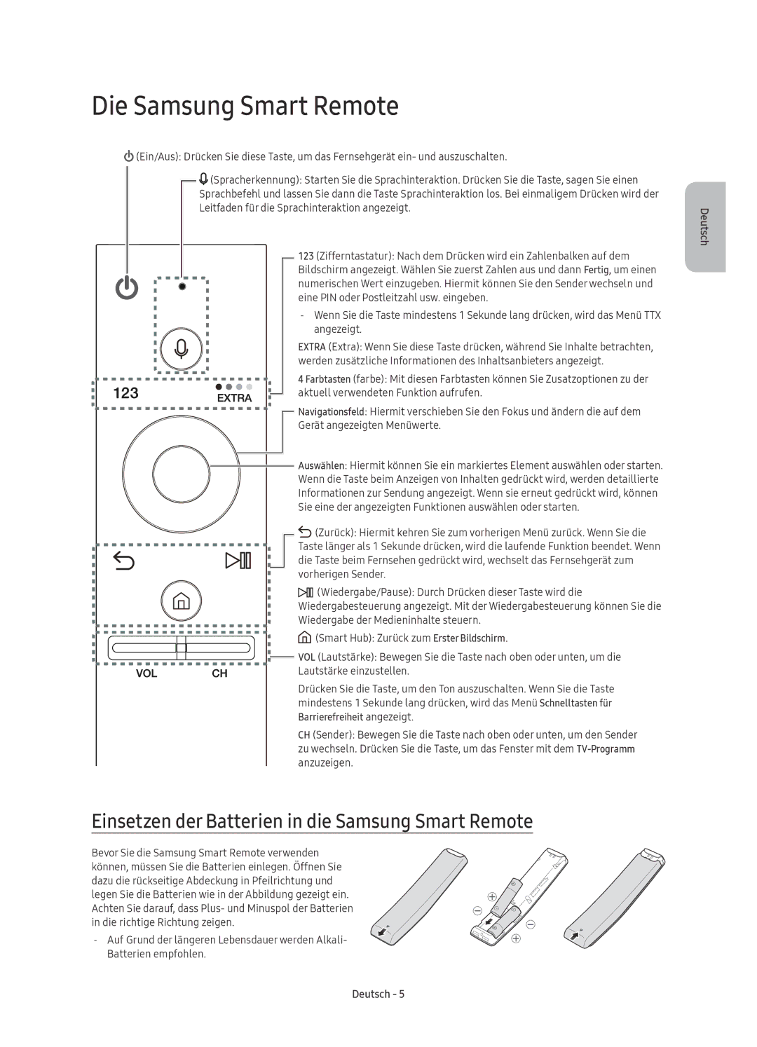 Samsung UE49KU6470UXXU, UE55KU6479UXZG manual Die Samsung Smart Remote, Einsetzen der Batterien in die Samsung Smart Remote 