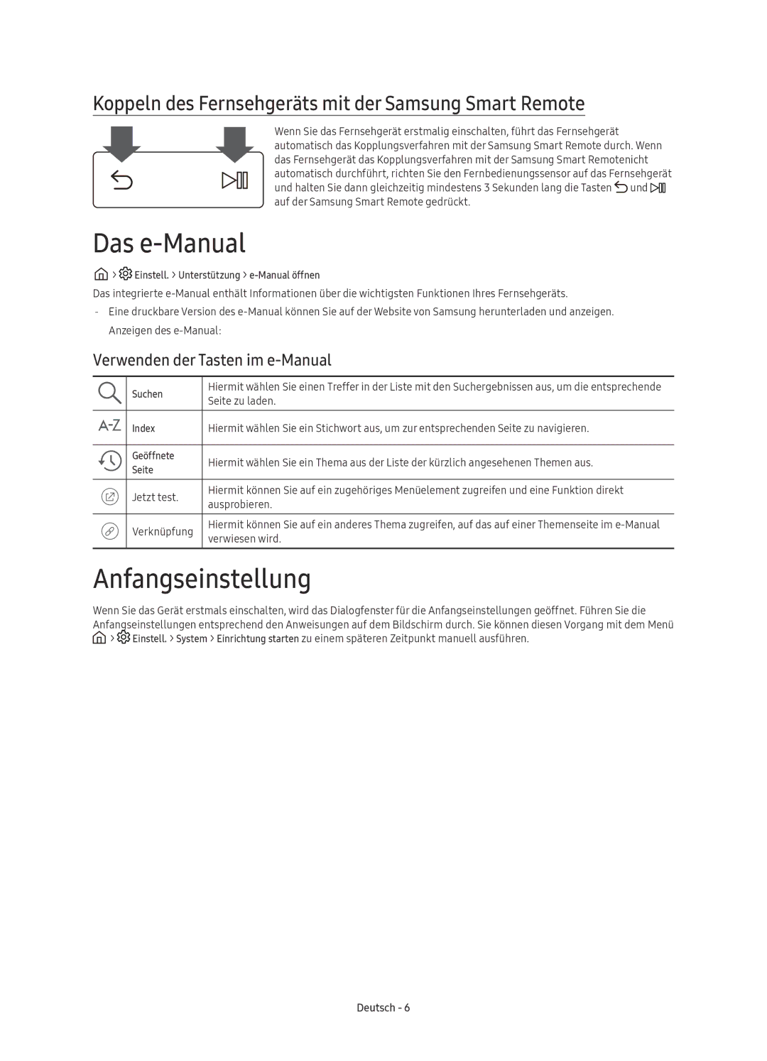 Samsung UE40KU6470UXXU manual Das e-Manual, Anfangseinstellung, Koppeln des Fernsehgeräts mit der Samsung Smart Remote 