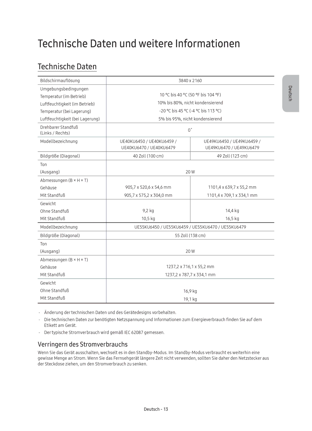 Samsung UE40KU6459UXZG, UE55KU6479UXZG manual Technische Daten und weitere Informationen, Verringern des Stromverbrauchs 