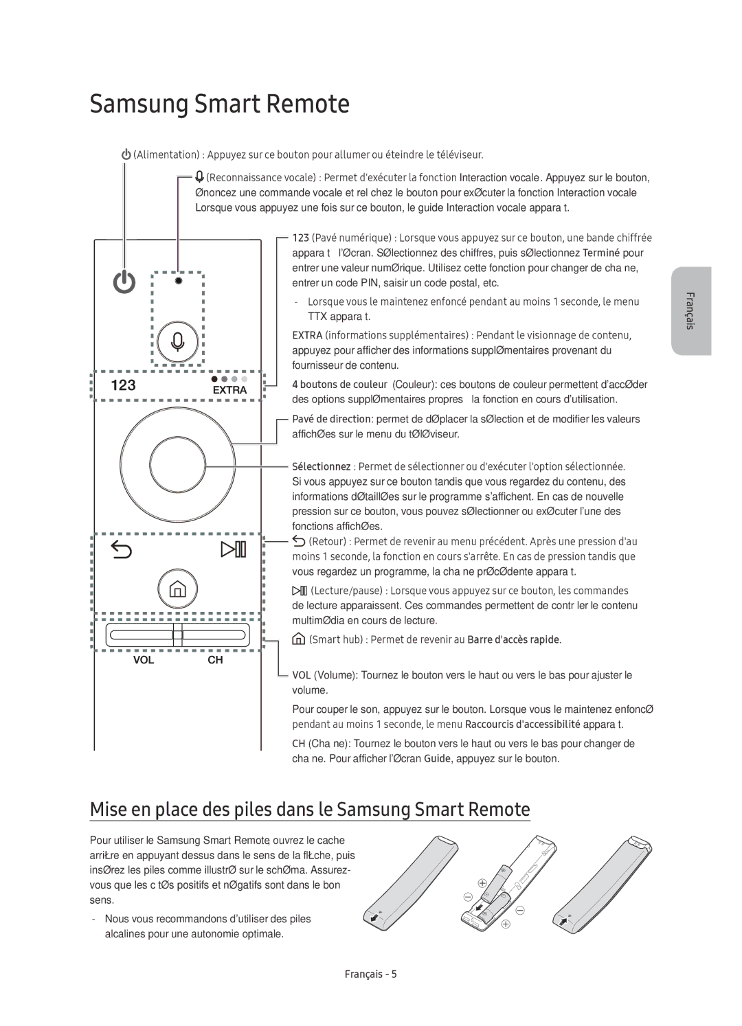 Samsung UE49KU6470UXZG, UE55KU6479UXZG, UE55KU6459UXZG manual Mise en place des piles dans le Samsung Smart Remote 