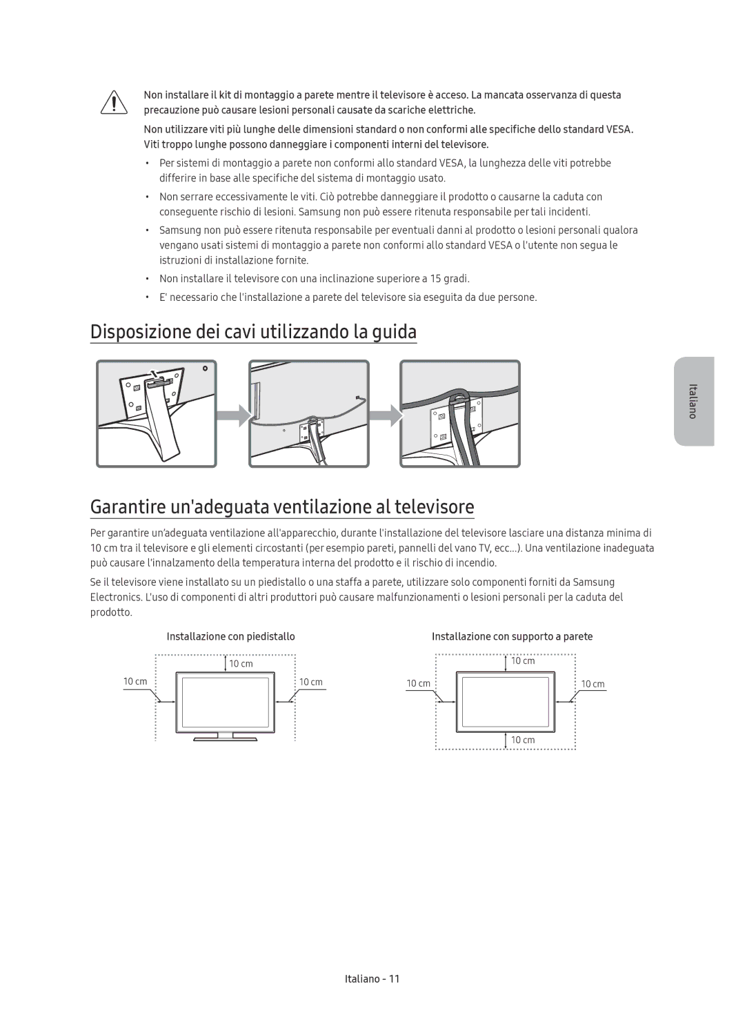 Samsung UE40KU6470UXZG manual Disposizione dei cavi utilizzando la guida, Garantire unadeguata ventilazione al televisore 