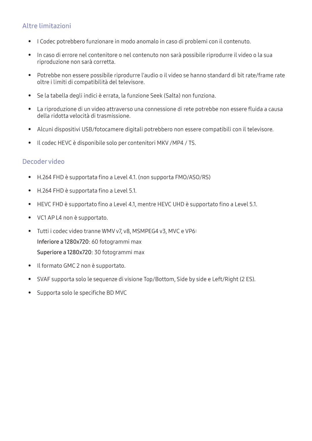 Samsung UE40KU6450SXXN, UE55KU6479UXZG, UE55KU6519UXZG, UE55KU6459UXZG, UE55KU6079UXZG manual Altre limitazioni, Decoder video 