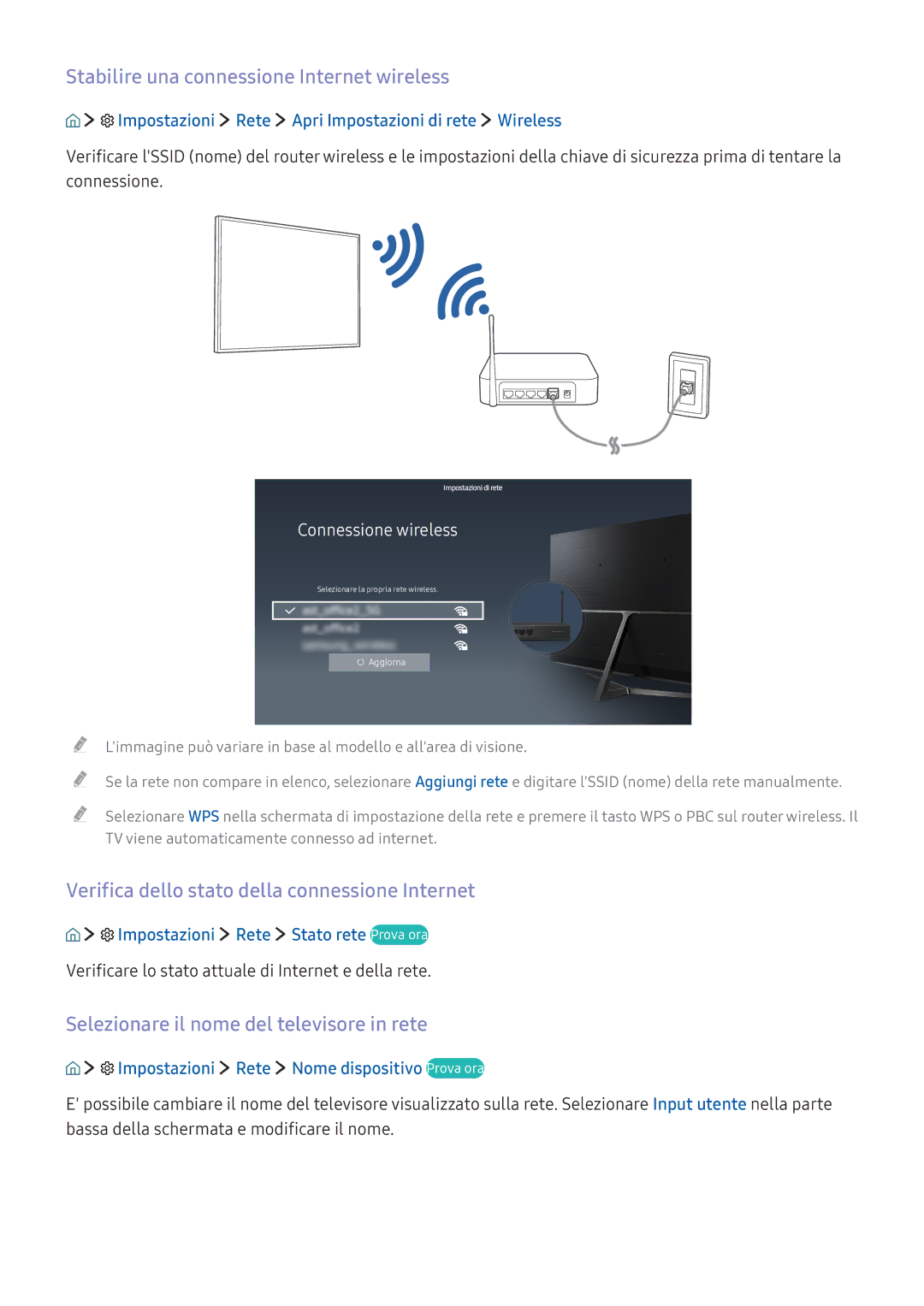 Samsung UE49KU6179UXZG manual Stabilire una connessione Internet wireless, Verifica dello stato della connessione Internet 