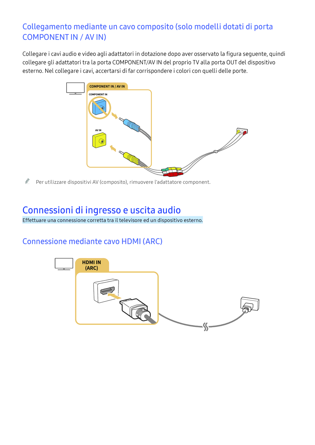 Samsung UE50KU6079UXZG, UE55KU6479UXZG manual Connessioni di ingresso e uscita audio, Connessione mediante cavo Hdmi ARC 