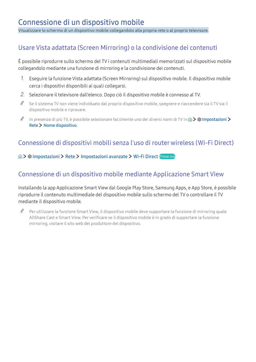 Samsung UE65KS9000LXXH, UE55KU6479UXZG, UE55KU6519UXZG manual Connessione di un dispositivo mobile, Rete Nome dispositivo 