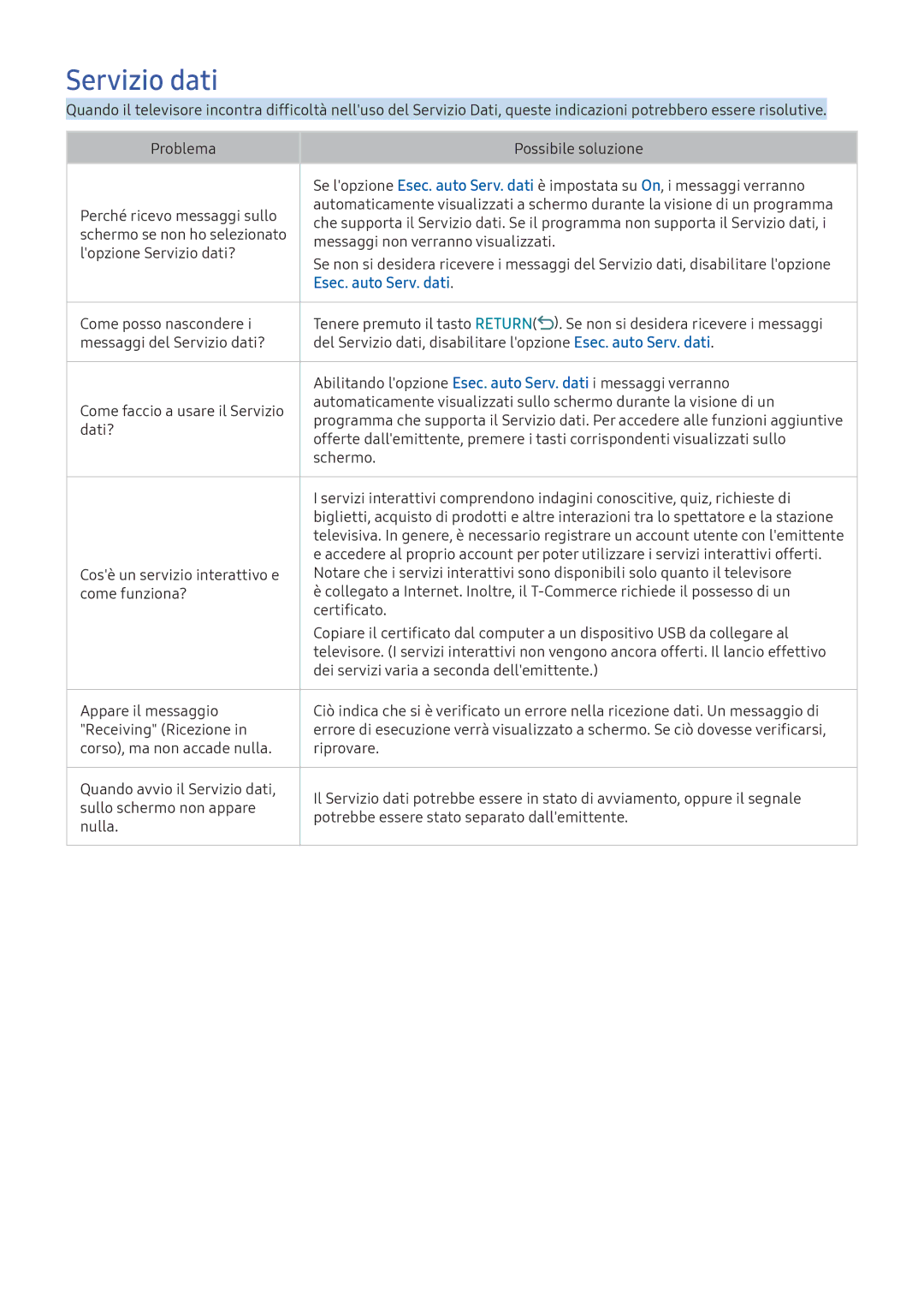 Samsung UE43KS7500UXZT, UE55KU6479UXZG, UE55KU6519UXZG, UE55KU6459UXZG, UE55KU6079UXZG Servizio dati, Esec. auto Serv. dati 