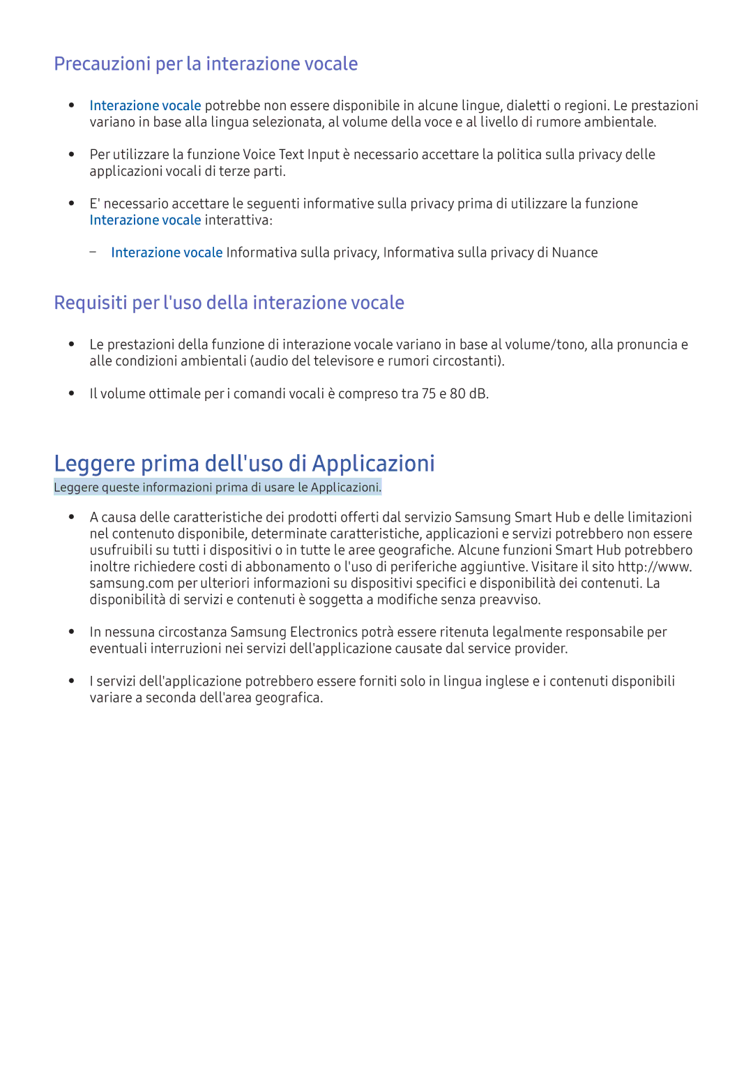 Samsung UE65KS7500UXZT, UE55KU6479UXZG manual Leggere prima delluso di Applicazioni, Precauzioni per la interazione vocale 