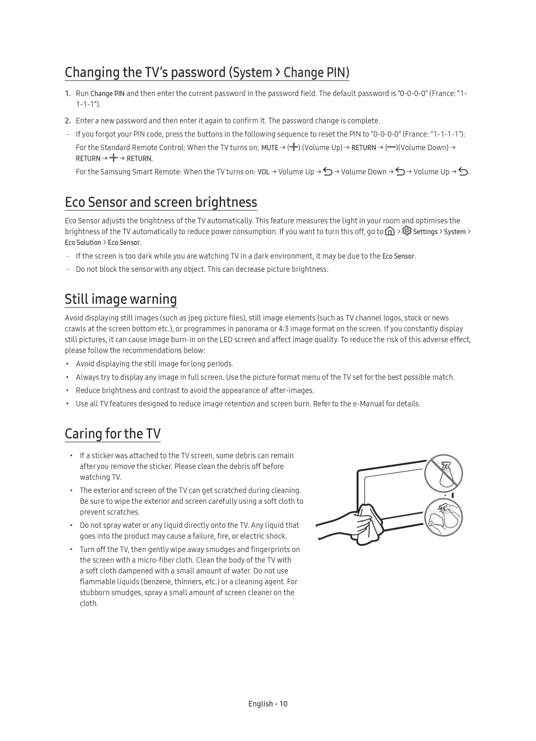 Samsung UE49KU6500UXXC Changing the TV’s password System Change PIN, Eco Sensor and screen brightness, Still image warning 