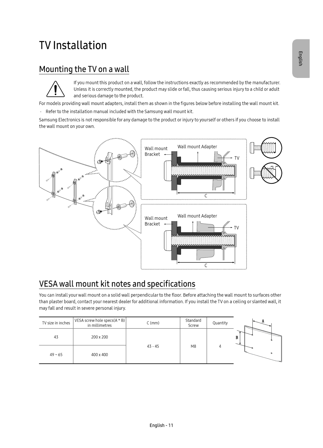 Samsung UE43KU6500UXZF manual TV Installation, Mounting the TV on a wall, Vesa wall mount kit notes and specifications 