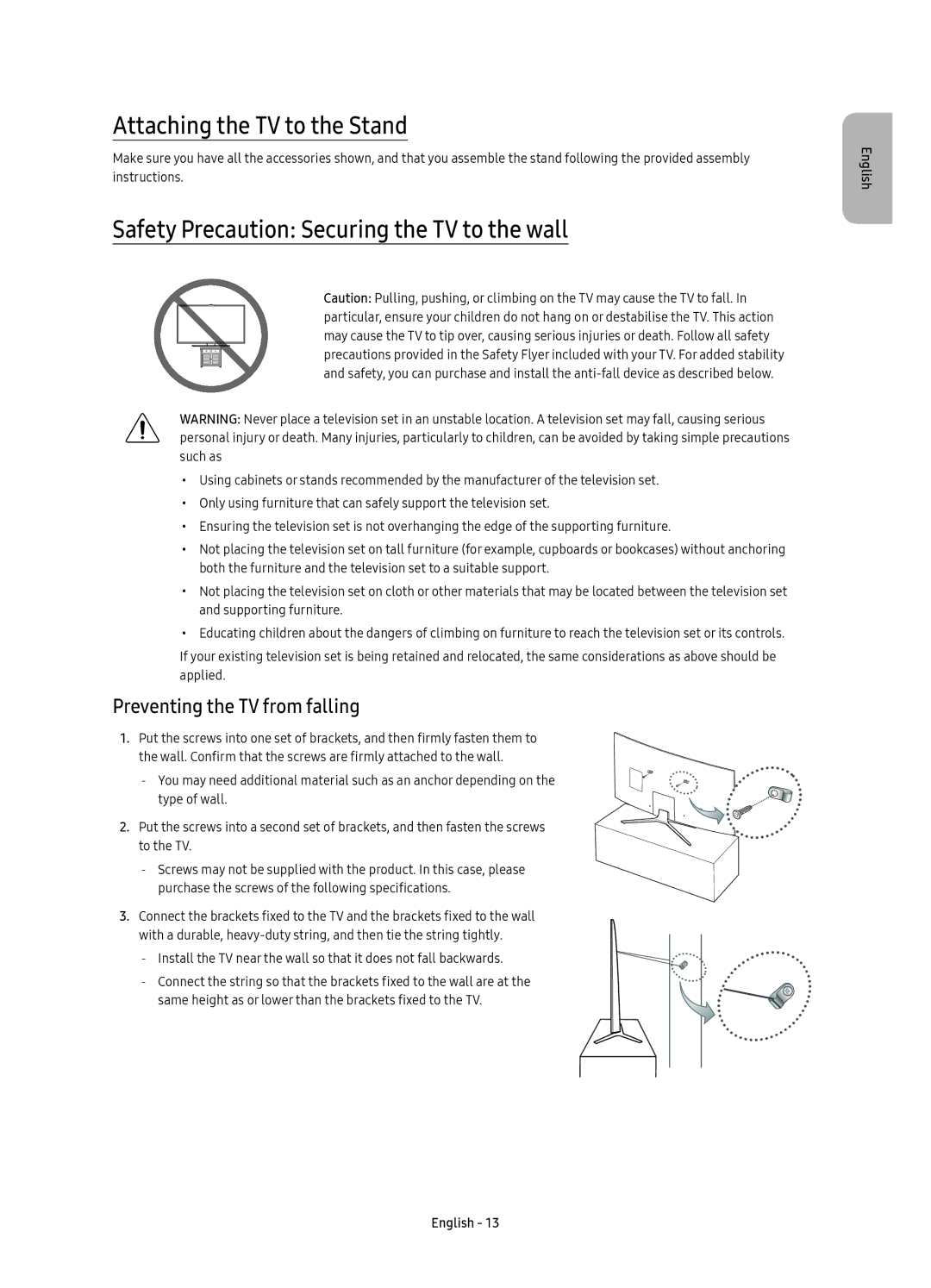 Samsung UE55KU6500UXZF, UE55KU6500UXZG manual Attaching the TV to the Stand, Safety Precaution Securing the TV to the wall 