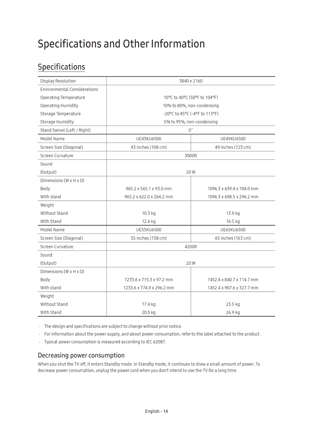 Samsung UE55KU6500UXZG, UE43KU6500UXXC, UE55KU6500UXXU Specifications and Other Information, Decreasing power consumption 