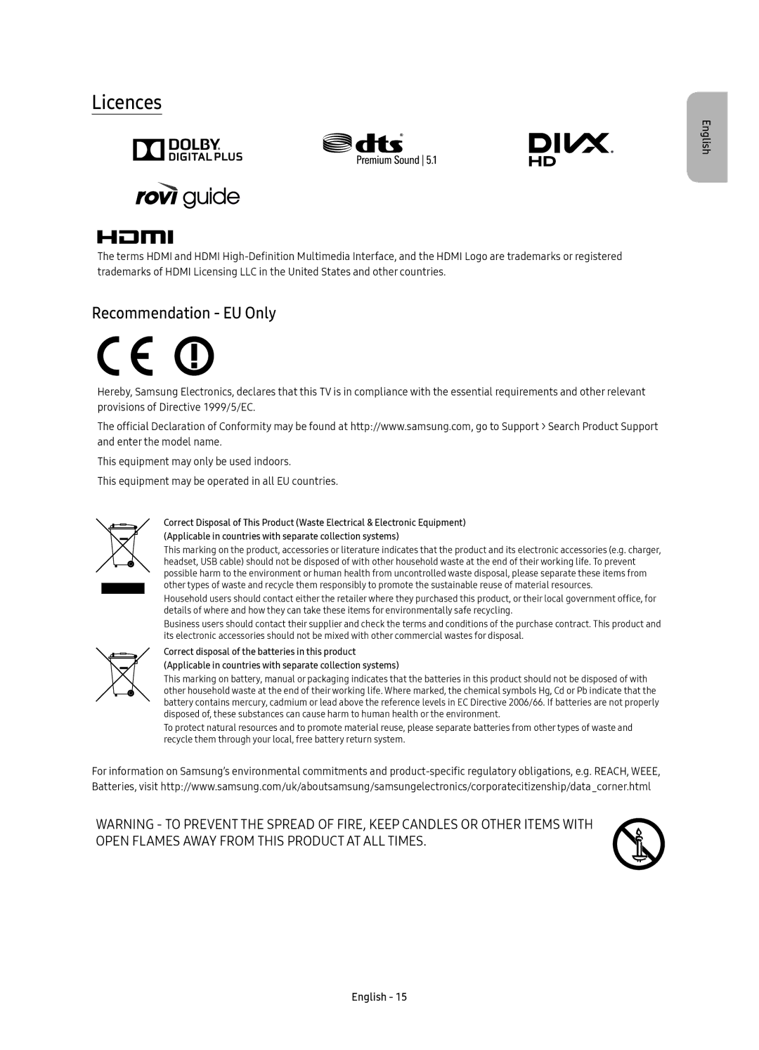 Samsung UE43KU6500UXXC, UE55KU6500UXZG, UE55KU6500UXXU, UE49KU6500UXXC, UE43KU6500UXZF manual Licences, Recommendation EU Only 