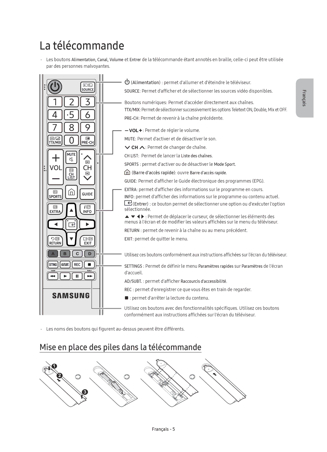 Samsung UE49KU6500UXZF, UE55KU6500UXZG, UE43KU6500UXXC manual La télécommande, Mise en place des piles dans la télécommande 